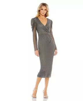 Женское платье с пышными рукавами и запахом из бисера Mac Duggal, цвет Charcoal