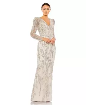 Женское платье с пышными рукавами и V-образным вырезом, украшенное украшением MAC DUGGAL