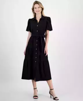 Женское платье с пышными рукавами, поясом и ярусами T Tahari, черный