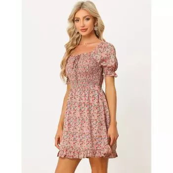 Женское платье с пышными рукавами сзади, с вырезом в форме сердца и цветочным принтом с рюшами по подолу ALLEGRA K, белый