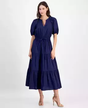 Женское платье с ярусами, завязкой на талии и пышными рукавами Anne Klein, синий