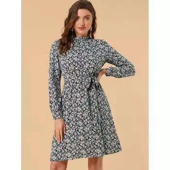 Женское платье с расклешенной талией и длинными рукавами с цветочным принтом и завязками на талии ALLEGRA K, синий/желтый