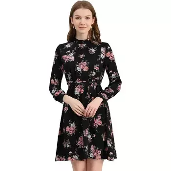 Женское платье с расклешенной талией и длинными рукавами с цветочным принтом и завязками на талии ALLEGRA K, черный