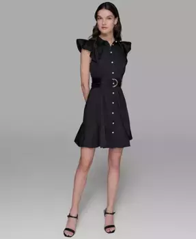 Женское платье с расклешенными рукавами, поясом и воланированным подолом KARL LAGERFELD PARIS, черный