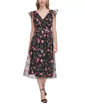 Женское платье с v-образным вырезом и рюшами с вышивкой kensie, черный