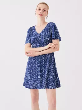 Женское платье с V-образным вырезом и цветочным принтом с короткими рукавами LCW Casual