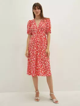 Женское платье с V-образным вырезом и цветочным принтом с пышными рукавами LCWAIKIKI Classic