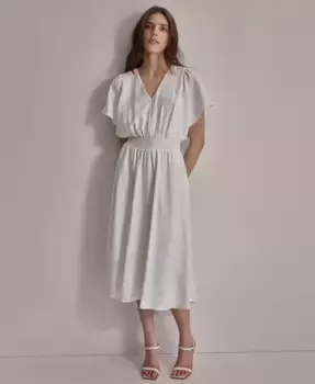 Женское платье с V-образным вырезом, присборенной талией и короткими рукавами DKNY, белый