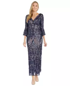 Женское платье с V-образным вырезом и расклешенными рукавами с пайетками R & M Richards, синий