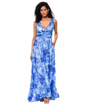 Женское платье с V-образным вырезом и цветочным принтом, присборенное на талии Betsy & Adam, синий