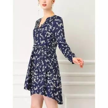 Женское платье с V-образным вырезом и длинными рукавами, затянутой талией и половиной планки с цветочным принтом ALLEGRA K