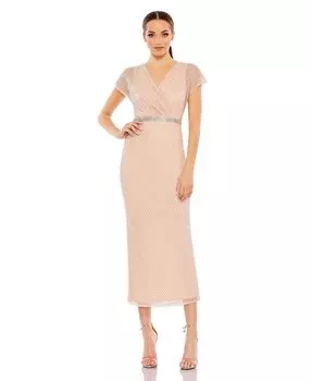 Женское платье с v-образным вырезом и короткими рукавами, расшитое бисером MAC DUGGAL