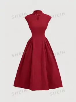 Женское платье с воротником на пуговицах MOD, китайское платье, красное платье, осеннее платье, школьное платье, праздничное платье Shein, белый/бордовый