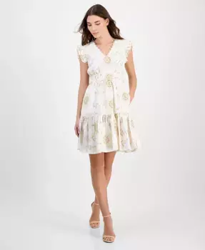 Женское платье с вышивкой и рюшами с V-образным вырезом Anne Klein, белый