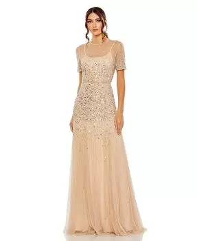 Женское платье с высоким воротником и короткими рукавами, украшенное пайетками Mac Duggal, тан/бежевый