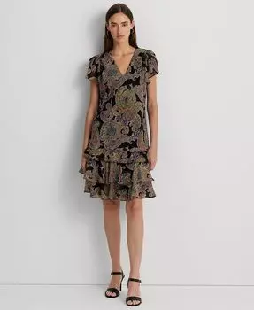 Женское платье с заниженной талией и жатым узором пейсли Georgette Lauren Ralph Lauren, черный