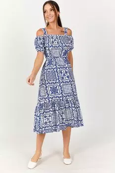 Женское платье Saks с квадратным узором и цветочным принтом на эластичной резинке на талии armonika, темно-синий