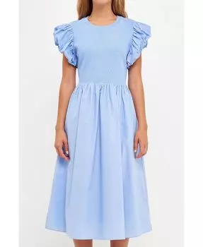 Женское платье смешанной техники с рукавами-фонариками English Factory, синий