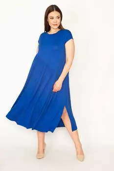 Женское платье свободного покроя с короткими рукавами и саксофонной талией больших размеров ans, темно-синий