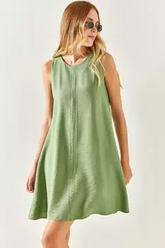 Женское платье трапециевидного силуэта цвета хаки без рукавов из смесового льна Olalook