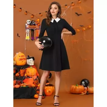 Женское платье трапециевидного силуэта с рукавами 3/4 и контрастным кукольным воротником ALLEGRA K