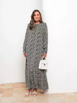 Женское платье трапециевидной формы из вискозы с круглым вырезом и цветочным принтом с длинным рукавом LCW Grace