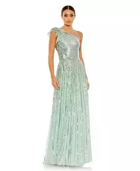 Женское платье трапециевидной формы с блестками на одно плечо и развевающимися рукавами Mac Duggal, зеленый