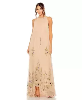 Женское платье-трапеция с высоким воротником и цветочными декоративными элементами Mac Duggal, коричневый/бежевый