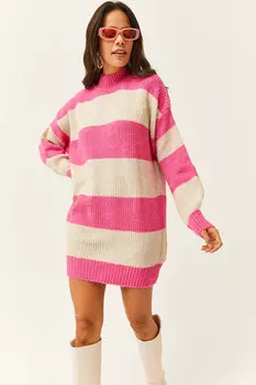Женское платье-туника из мягкого фактурного трикотажа цвета фуксии в толстую полоску Olalook, розовый