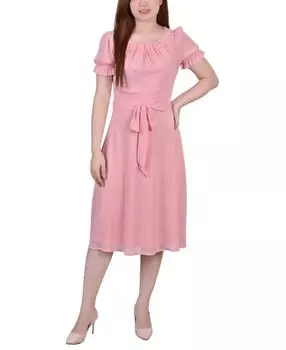 Женское платье в горошек с поясом и короткими рукавами NY Collection, мульти