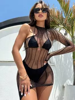 Женское платье в сеточку на одно плечо SHEIN Swim SXY идеально подходит для летнего отдыха на пляже, черный цвет