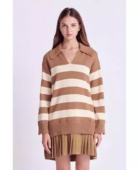 Женское плиссированное мини-платье в полоску, смешанная техника English Factory, коричневый