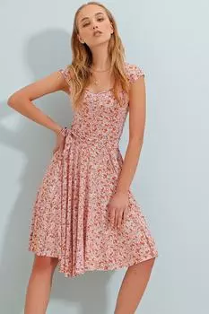 Женское плиссированное платье цвета корицы с вырезом в форме сердца и поясом, с узором ALC-X8325 Trend Alaat Stili, розовый