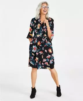 Женское плиссированное платье с поясом и рукавами-колокольчиками Style & Co, черный