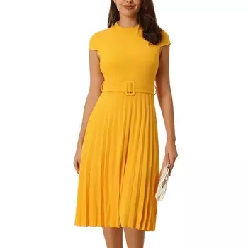 Женское плиссированное платье с воротником-стойкой и рукавами-крылышками, платья трапециевидной формы с поясом Hombety, желтый