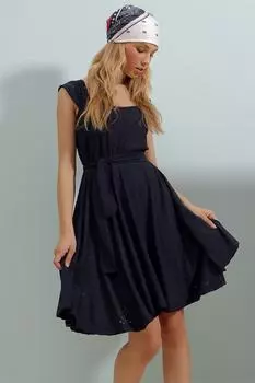 Женское плиссированное платье темно-синего цвета с вырезом сердечком, поясом и фестончатой подкладкой Trend Alaat Stili, темно-синий