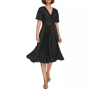 Женское плиссированное трикотажное платье миди DKNY, черный