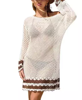 Женское пляжное мини-платье в полоску бежевого цвета с принтом песочного цвета Cupshe, белый