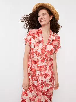 Женское пляжное платье из вискозы с коротким рукавом и воротником-рубашкой LCW Dream