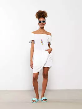 Женское пляжное платье из вискозы с вырезом лодочкой и коротким рукавом LCW Dream