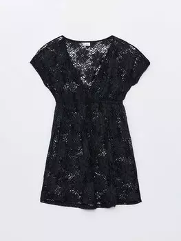 Женское пляжное платье с коротким рукавом и V-образным вырезом с вышивкой LCW DREAM, новый черный