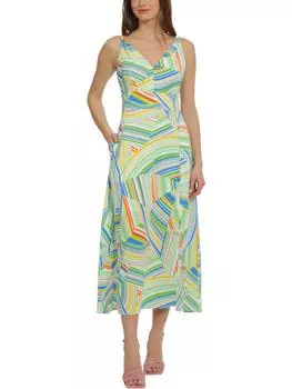 Женское полосатое платье миди с двойным V-образным вырезом Maggy London, цвет white/sea foam