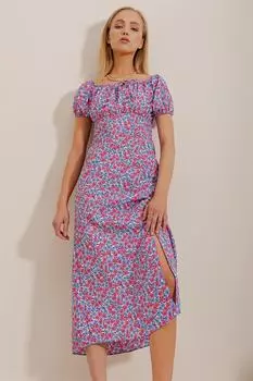 Женское поплиновое платье цвета фуксии Madonna с воротником спереди и шнуровкой и разрезом Trend Alaat Stili, розовый