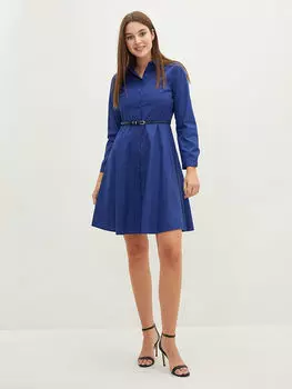 Женское поплиновое платье с воротником-стойкой и прямой талией с поясом и длинными рукавами LCWAIKIKI Classic