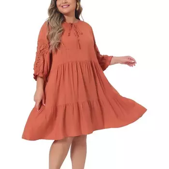 Женское повседневное летнее платье миди с v-образным вырезом и кружевными рукавами больших размеров с рюшами и подолом Agnes Orinda, оранжевый