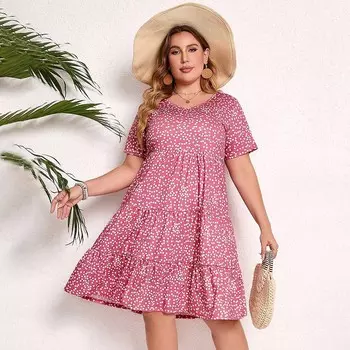Женское повседневное платье больших размеров с рукавами-фонариками и рюшами на подол с V-образным вырезом, свободная туника, мини-платье MISSKY, цвет Pink Heart