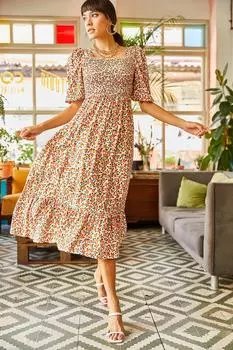 Женское повседневное платье из вискозы цвета экрю-оранжевого цвета с позументом Olalook, бежевый