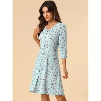 Женское повседневное платье-миди с V-образным вырезом и рукавами 3/4 с цветочным принтом ALLEGRA K, синий