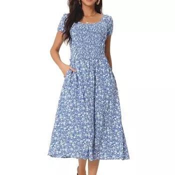 Женское повседневное платье с цветочным принтом и карманами с круглым вырезом и рукавами-крылышками в стиле бохо, струящиеся миди-солнце платья Seta T, синий