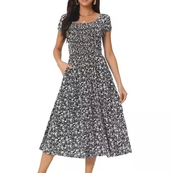 Женское повседневное платье с цветочным принтом и карманами с круглым вырезом и рукавами-крылышками в стиле бохо, струящиеся миди-солнце платья Seta T, черный